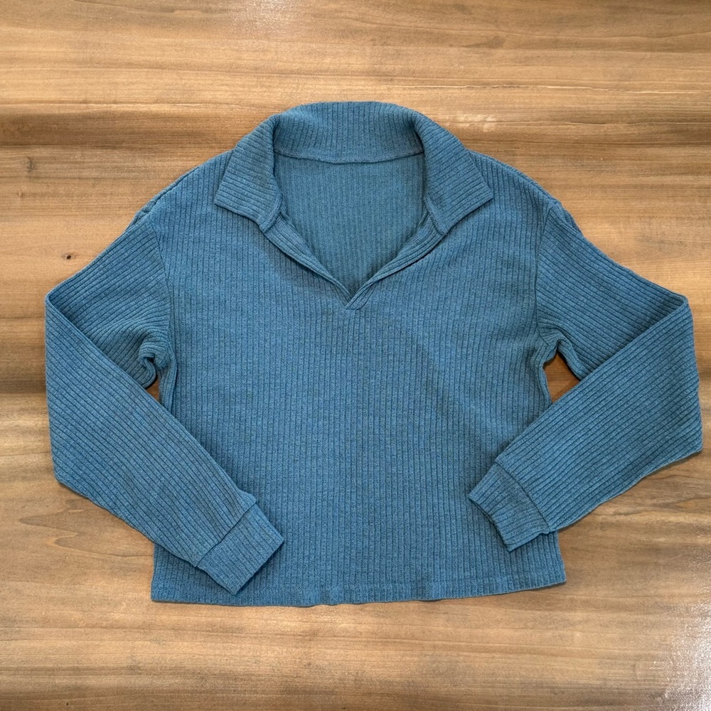 SHEIN Teal V Neck Knit Sweater Cozy Casual Pullover Lounge